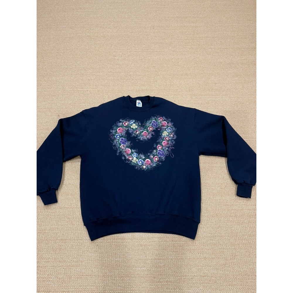 Vintage Floral Heart Wreath Grandma Sweatshirt Navy XL Made in USA Cottagecore